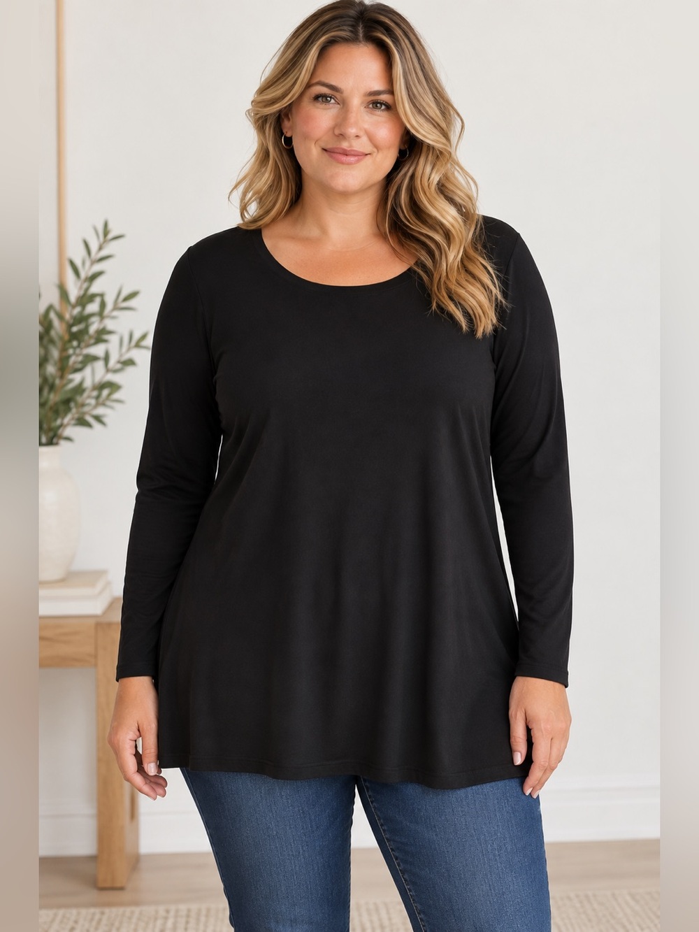 Black Pima Cotton Modal Tunic Tee Long Sleeve Soft Drapey Layering Plus 1X